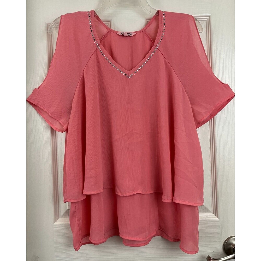 JUICY COUTURE - Coral Tiered Crinkled Chiffon Short Slv Cold Shoulder Blouse XL